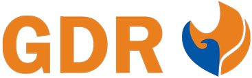 the GDR logo, a blue wave opposed over an orange flame